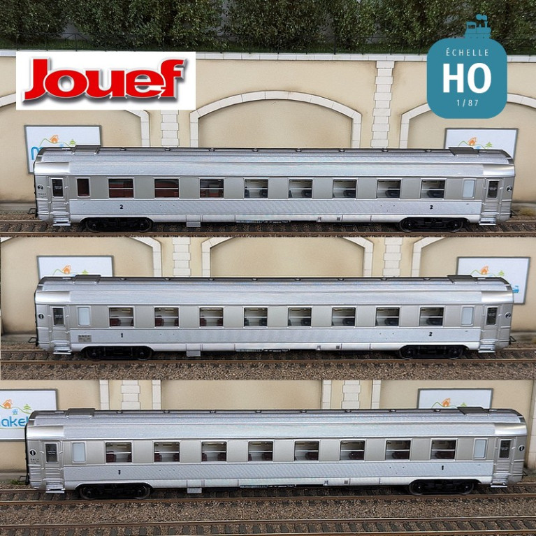 Coffret 3 voitures courtes DEV Inox (A8myfi, A3B5myfi, B5smyfi bar) SNCF Ep IIIa HO Jouef HJ4174 - Maketis