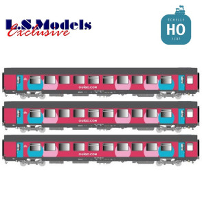 Set 3 voitures Corail Vtu livrée OUIGO toiture gris foncé Ep VI SNCF avec éclairage HO LS Models 40993 - Maketis