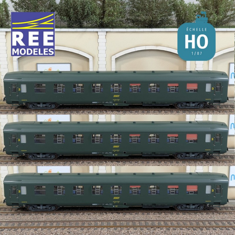 Set of 3 DEV AO Coaches Green logo framed SNCF EP IV HO REE VB-405-Maketis